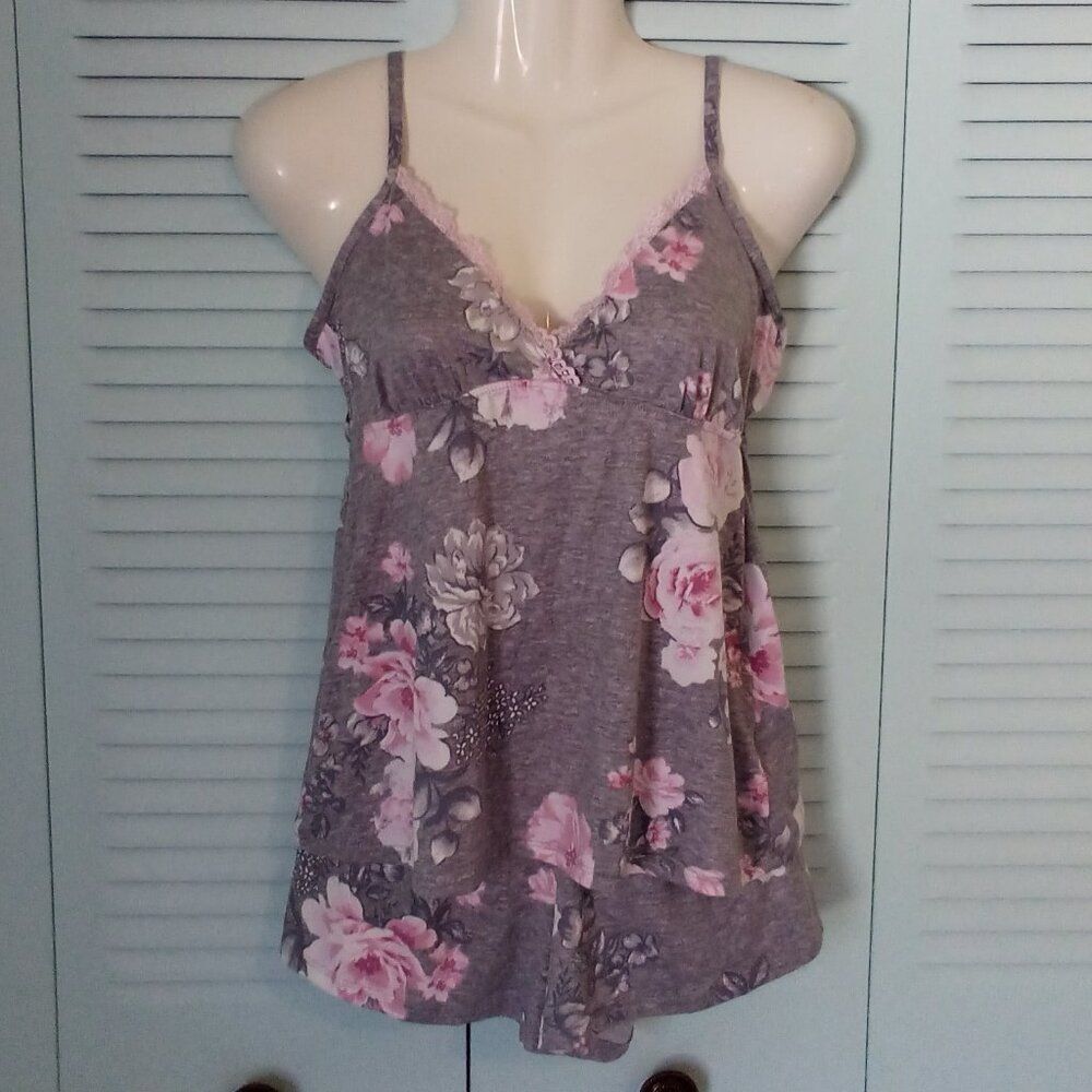 LAURA ASHLEY SZ S GREY PINK ROSES 2-PIECE SLEEP SET ADJ STRAPS LACE CAMI SHORTS